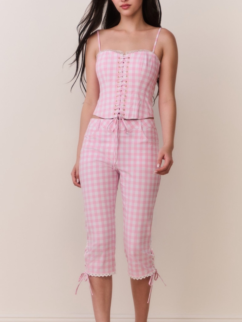 LoveShackFancy Pink Gingham Lace-Up Corset Top & Cropped Pants